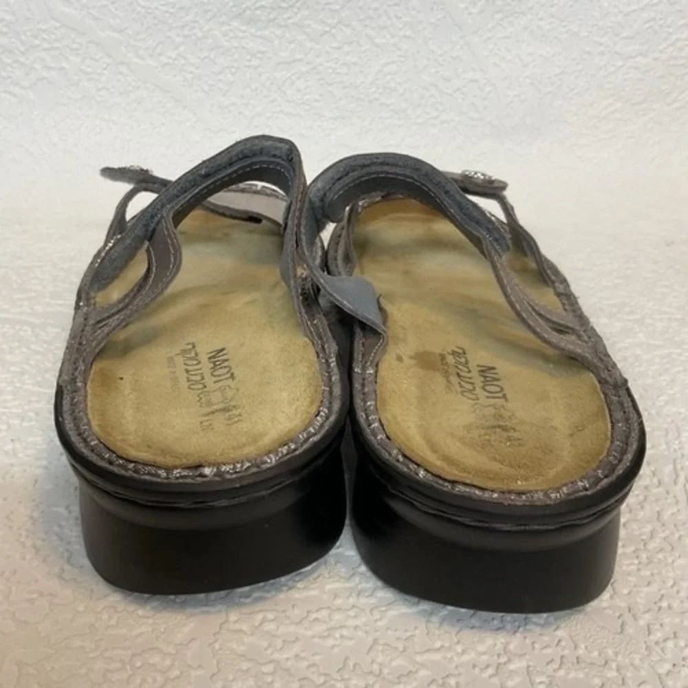 Naot Melody Metallic Road‎ Pewter Leather Double Strap Sandals Women 10 Israel